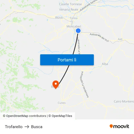 Trofarello to Busca map