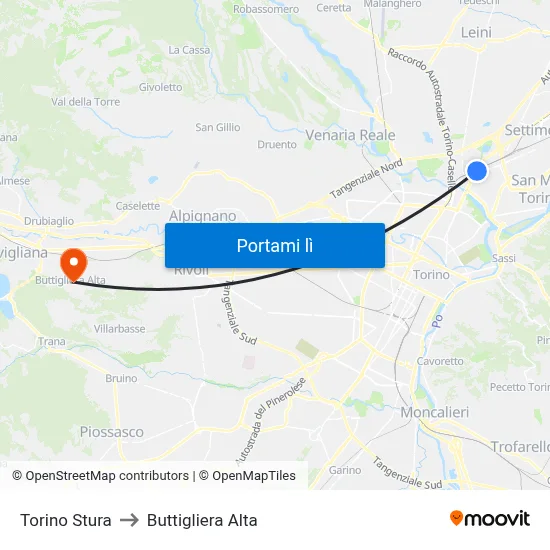 Torino Stura to Buttigliera Alta map