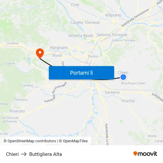 Chieri to Buttigliera Alta map
