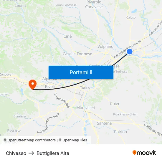 Chivasso to Buttigliera Alta map