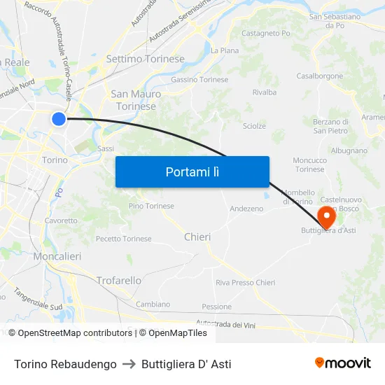 Torino Rebaudengo to Buttigliera D' Asti map