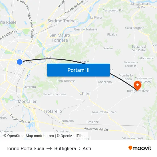 Torino Porta Susa to Buttigliera D' Asti map