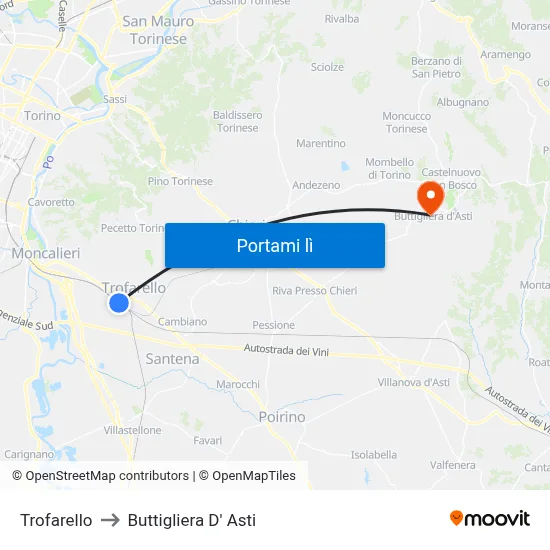 Trofarello to Buttigliera D' Asti map