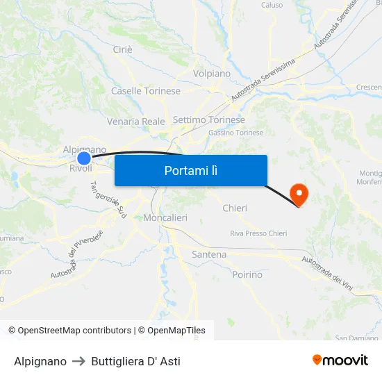 Alpignano to Buttigliera D' Asti map