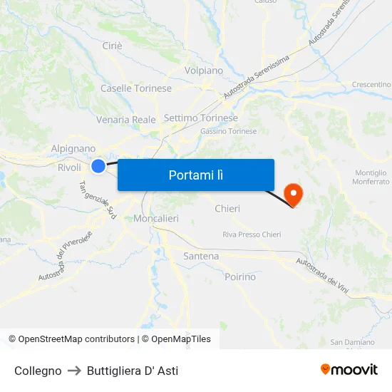 Collegno to Buttigliera D' Asti map