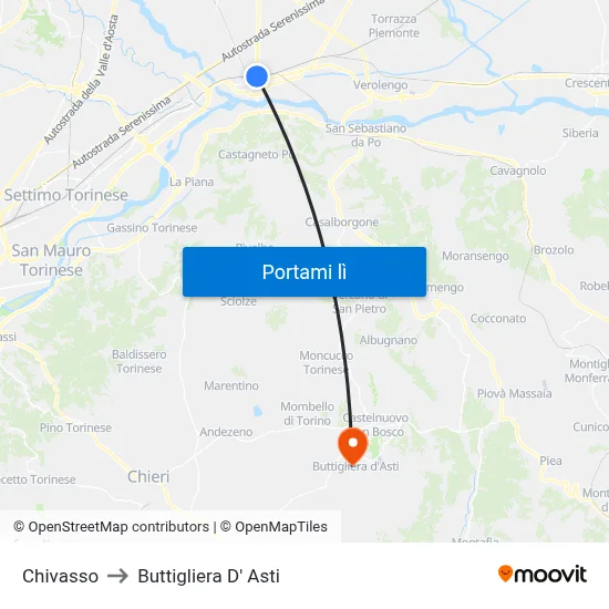 Chivasso to Buttigliera D' Asti map