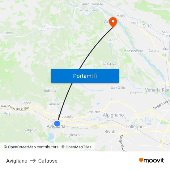 Avigliana to Cafasse map