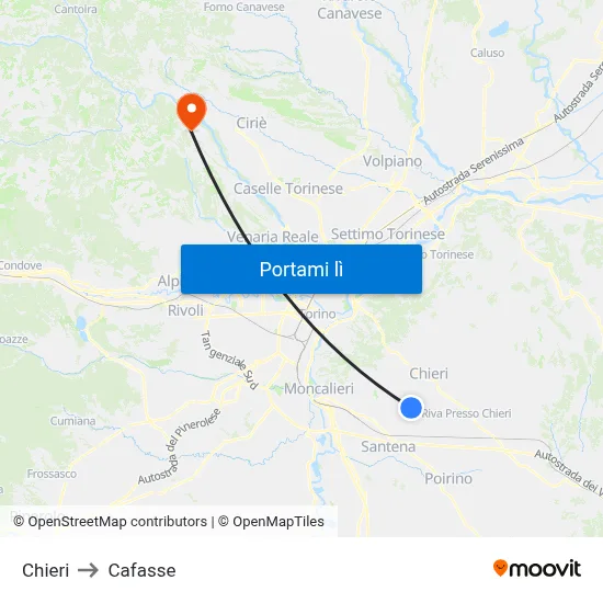 Chieri to Cafasse map