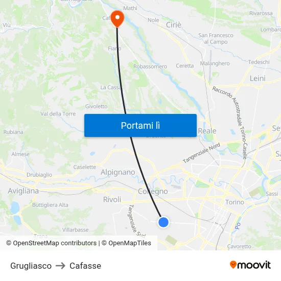 Grugliasco to Cafasse map