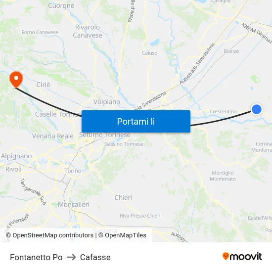 Fontanetto Po to Cafasse map