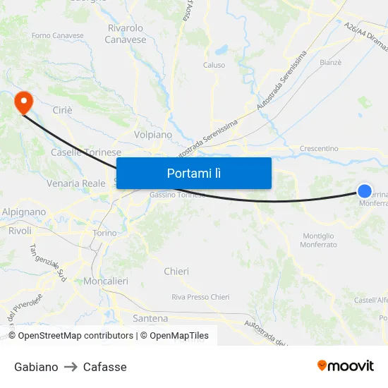 Gabiano to Cafasse map