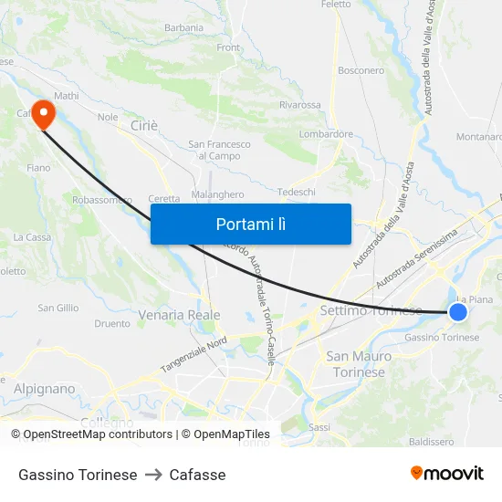 Gassino Torinese to Cafasse map