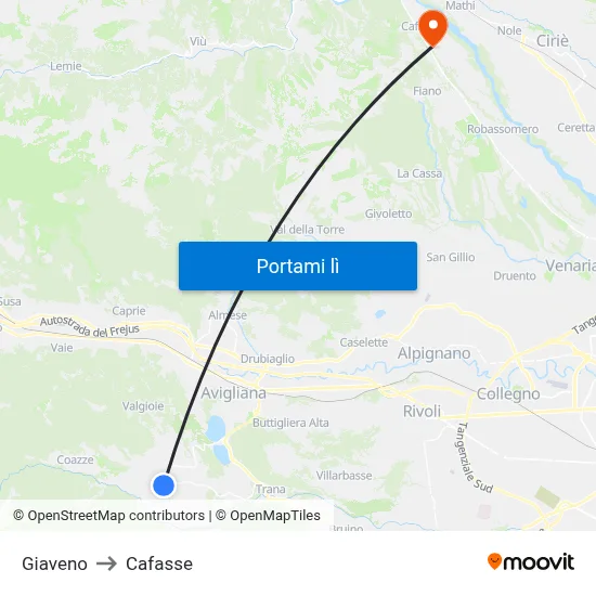 Giaveno to Cafasse map