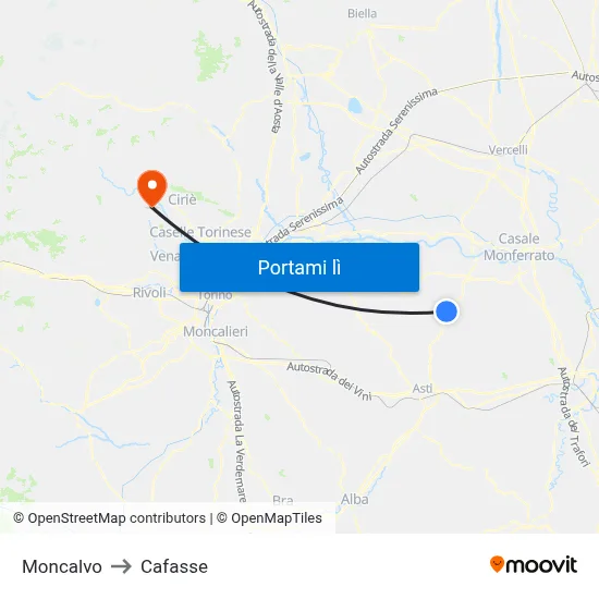 Moncalvo to Cafasse map