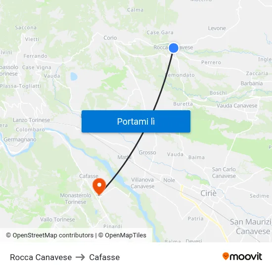 Rocca Canavese to Cafasse map