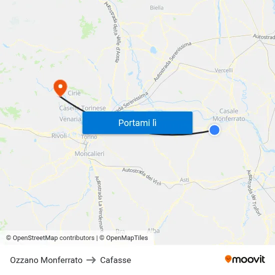 Ozzano Monferrato to Cafasse map