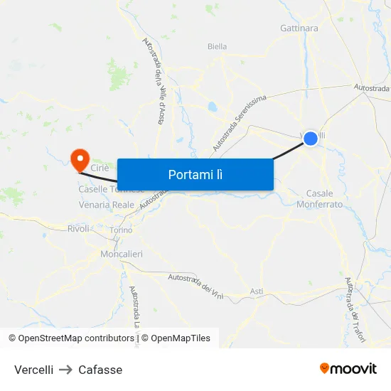 Vercelli to Cafasse map
