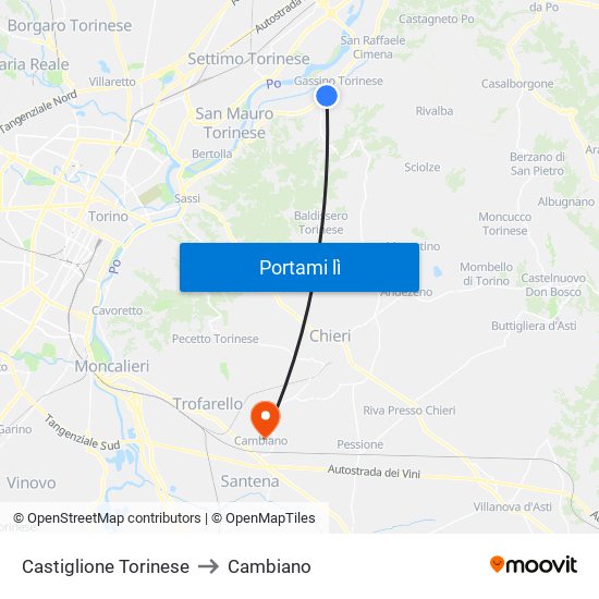 Castiglione Torinese to Cambiano map