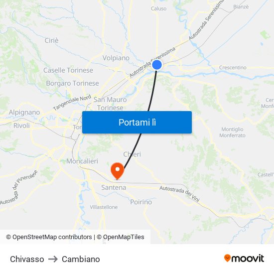 Chivasso to Cambiano map