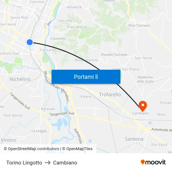 Torino Lingotto to Cambiano map