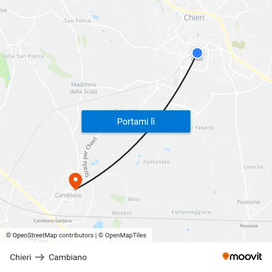 Chieri to Cambiano map