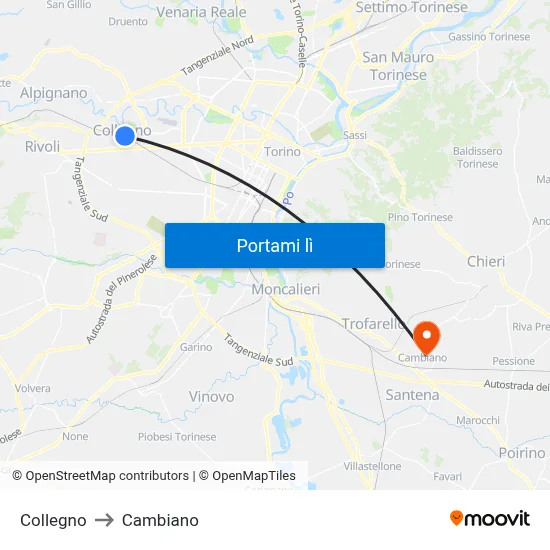 Collegno to Cambiano map