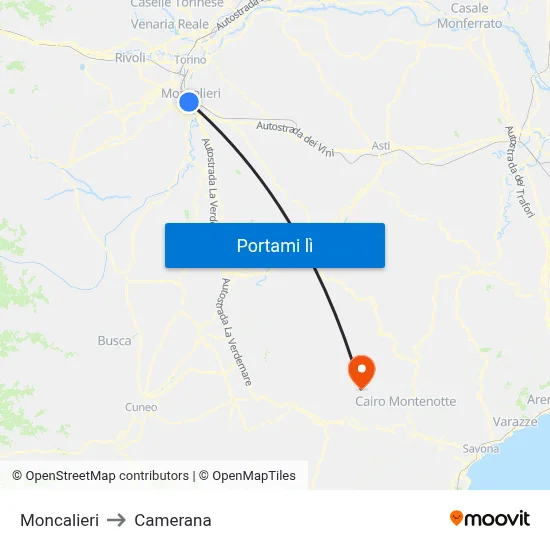 Moncalieri to Camerana map