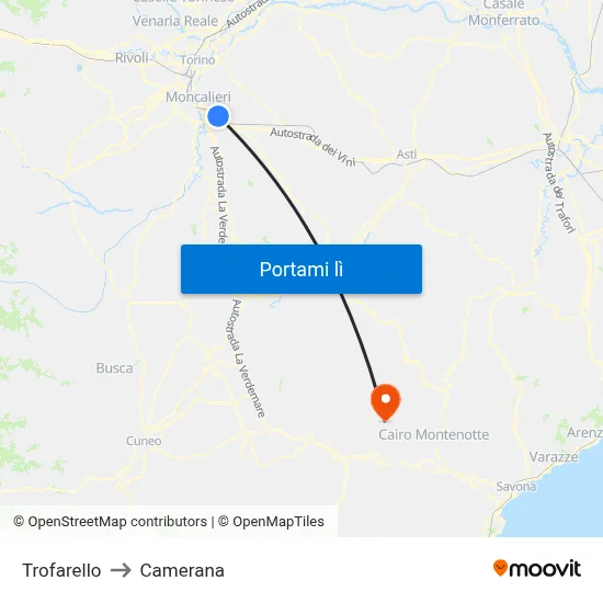 Trofarello to Camerana map
