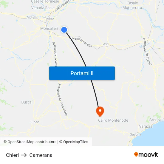 Chieri to Camerana map