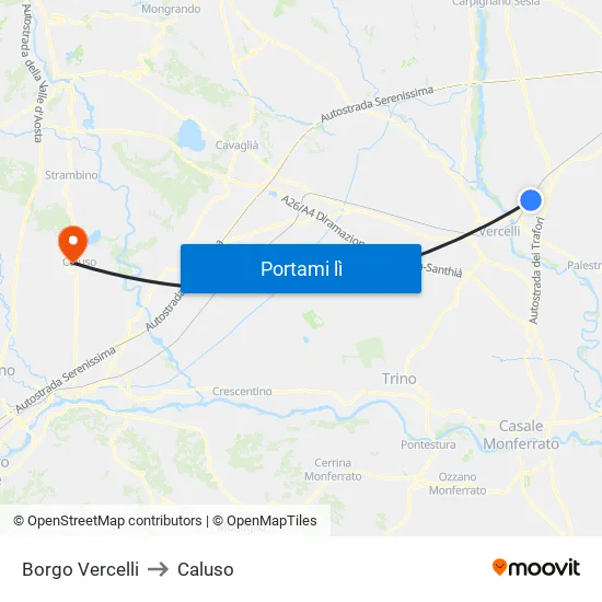 Borgo Vercelli to Caluso map