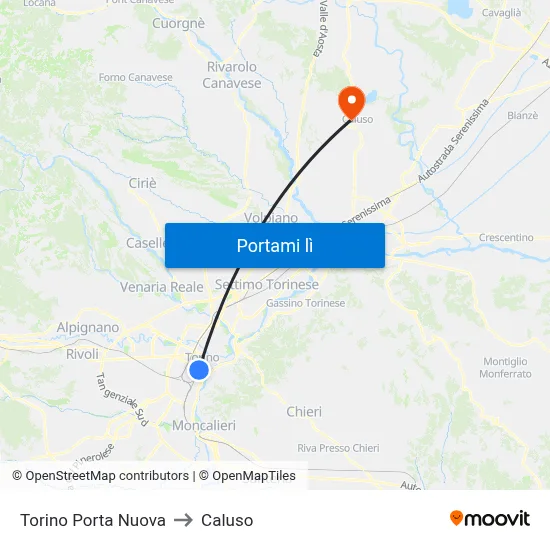 Torino Porta Nuova to Caluso map