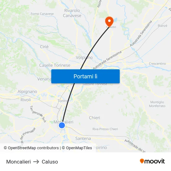 Moncalieri to Caluso map
