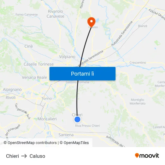Chieri to Caluso map