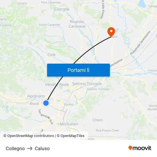Collegno to Caluso map