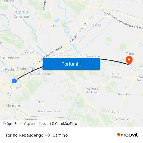 Torino Rebaudengo to Camino map
