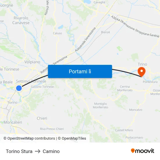 Torino Stura to Camino map