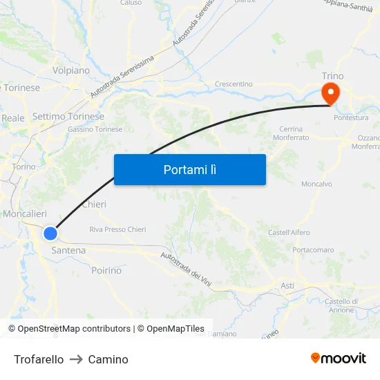 Trofarello to Camino map