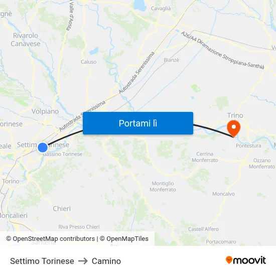 Settimo Torinese to Camino map