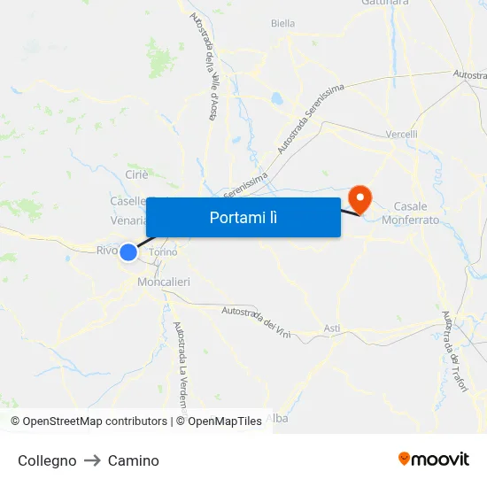 Collegno to Camino map