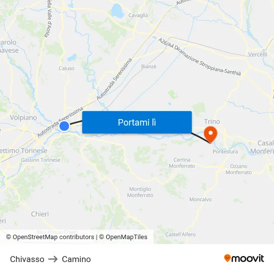Chivasso to Camino map