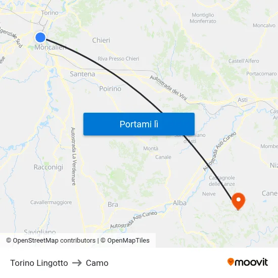 Torino Lingotto to Camo map