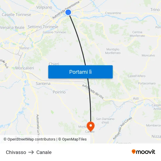 Chivasso to Canale map