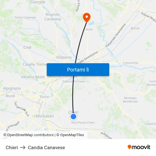 Chieri to Candia Canavese map