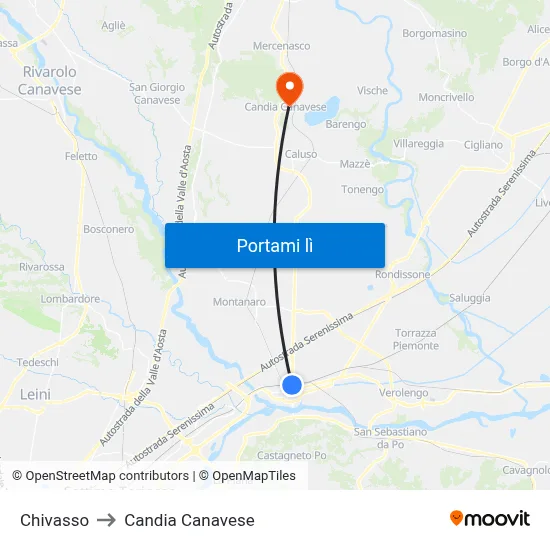 Chivasso to Candia Canavese map