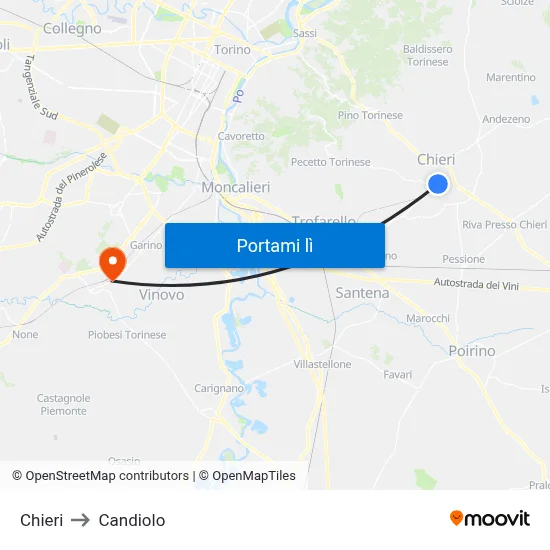 Chieri to Candiolo map
