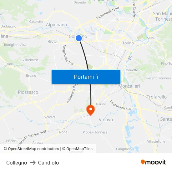 Collegno to Candiolo map