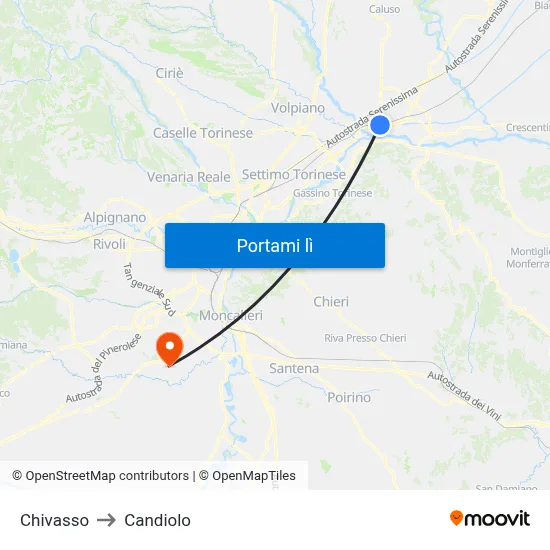 Chivasso to Candiolo map