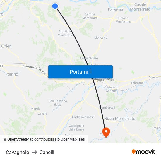 Cavagnolo to Canelli map