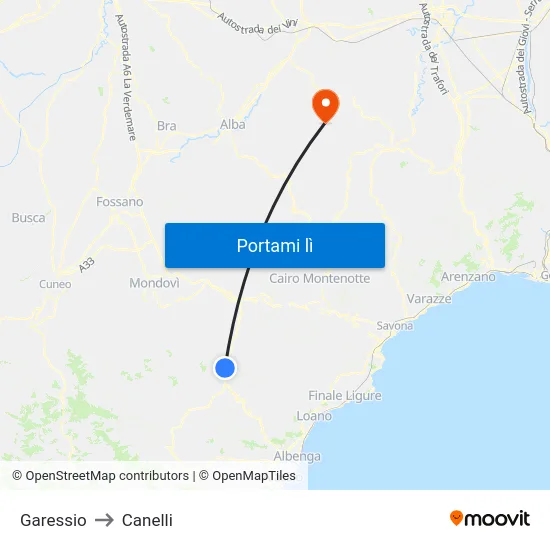 Garessio to Canelli map
