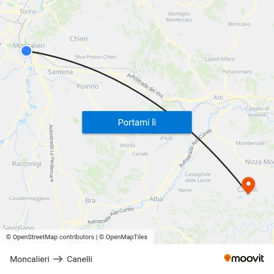 Moncalieri to Canelli map